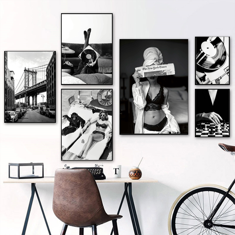 Vintage Fashion Prints For Wall - Черно-белая винтажная настенная живопись на холсте,